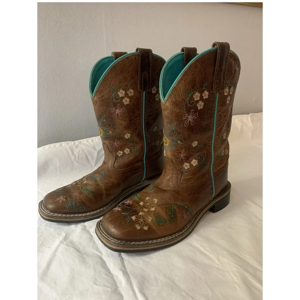 Smoky Mountain Girls Size 1.5 Brown Leather Floral Embroidered Cowgirl Boots